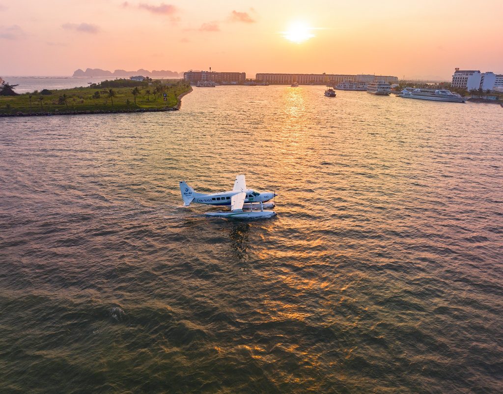 From Hanoi, travelers can board a seaplane flight to Halong Bay
