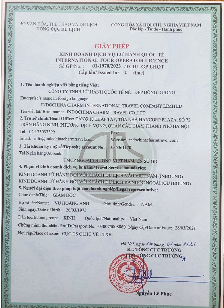 Indochina Charm Travel Co., Ltd., licensed by the Vietnam National Authority of Tourism (International Tour Operator License No. 01-1970/2023)