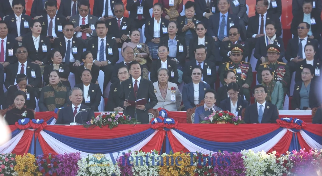 Lao General Secretary and President Thongloun Sisoulith delivers a speech at That Luang Square.